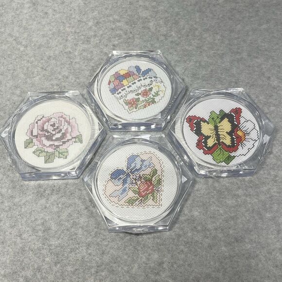 Vtg Acrylic Coasters MCG Textiles Cross Stitch Kit Butterfly Heart Rose Lot Of 4 - Picture 10 of 15